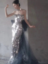 BXOXO Sequins Mermaid Celebrity Dresses Boat Neck Sleeveless Silver Glitter Shiny Luxury Quinceanera Detachable Bow Prom Evening Gowns